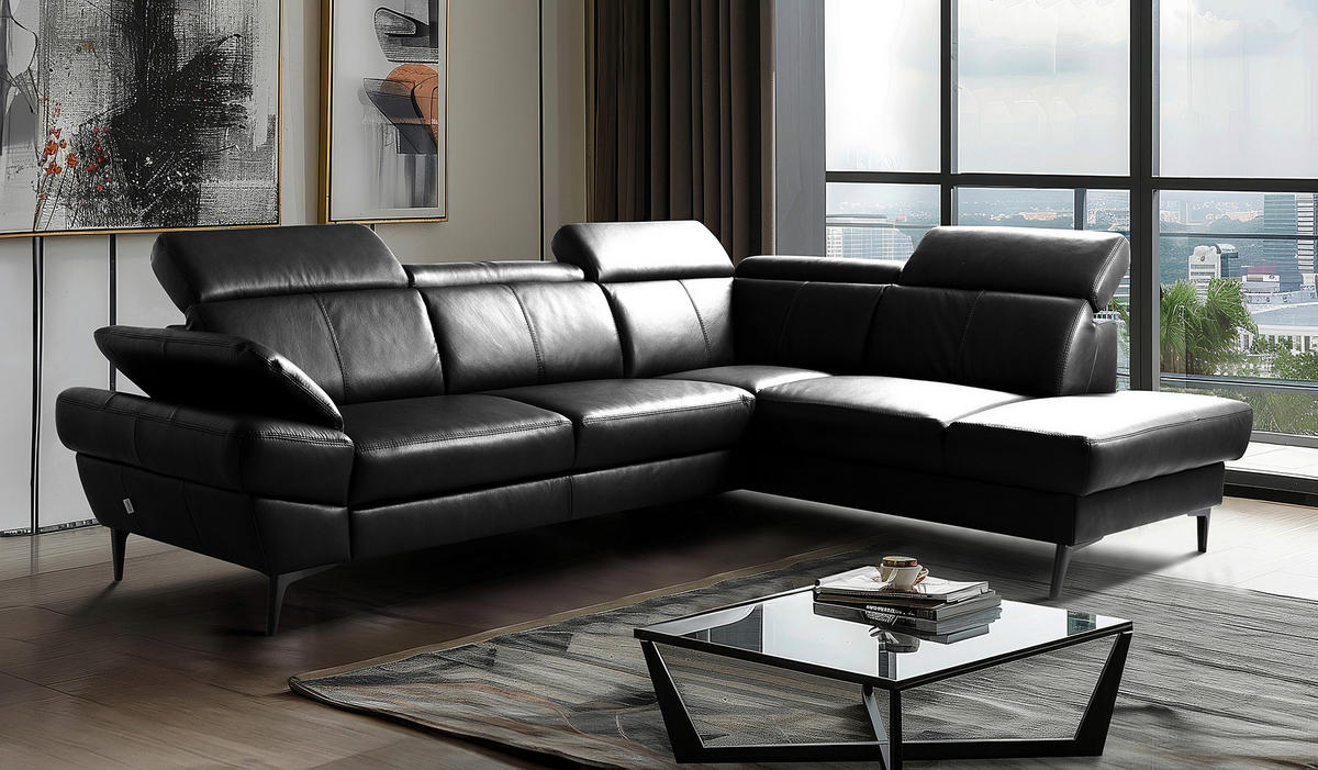 ECKSOFA Schwarz Echtleder Lederlook Bettkasten, Schlaffunktion, Rücken echt, Armteilverstellung, Kopfteilverstellung  - Schwarz, Design, Leder/Textil (264/211cm) - Livetastic