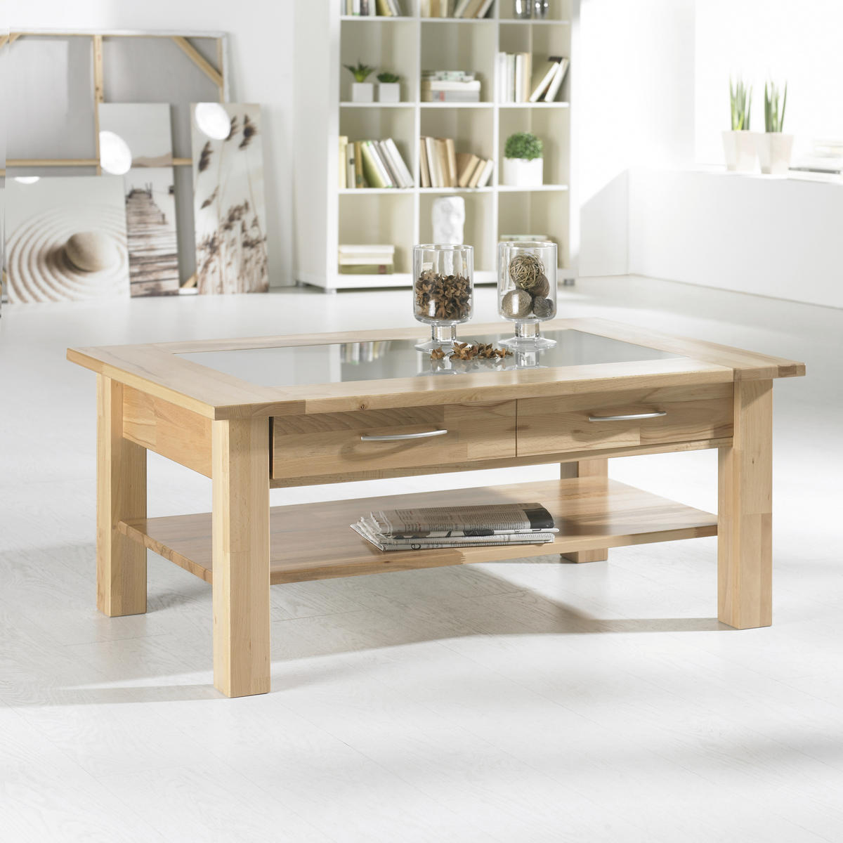 COUCHTISCH Kernbuche vollmassiv Milchglas 110/70/45 cm rechteckig Buchefarben  - Buchefarben, Design, Glas/Holz (110/70/45cm) - Linea Natura