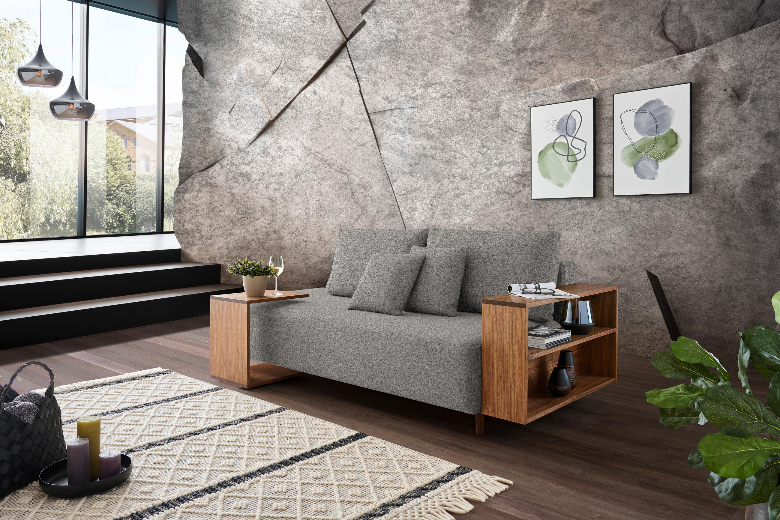 SCHLAFSOFA in Webstoff Grau  - Nussbaumfarben/Grau, Natur, Holz/Textil (228/90/100cm) - Joka