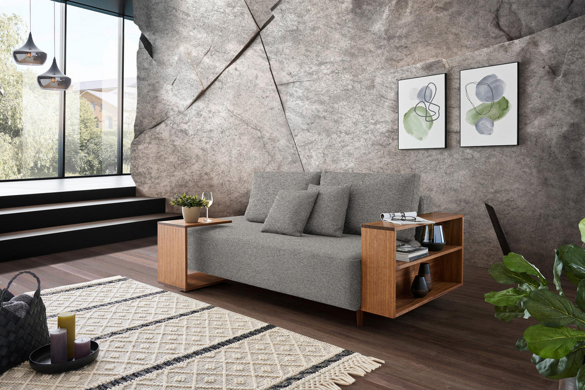 SCHLAFSOFA in Textil Grau  - Nussbaumfarben/Grau, Natur, Holz/Textil (228/90/100cm) - Joka