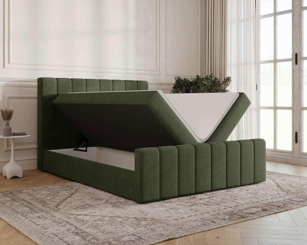 BOXBETT 160/200 cm,  in Olivgrün, Bettkasten, Topper, H2 + H3 = mittel + fest  - Schwarz/Olivgrün, MODERN, Holz/Kunststoff (160/200cm) - Livetastic