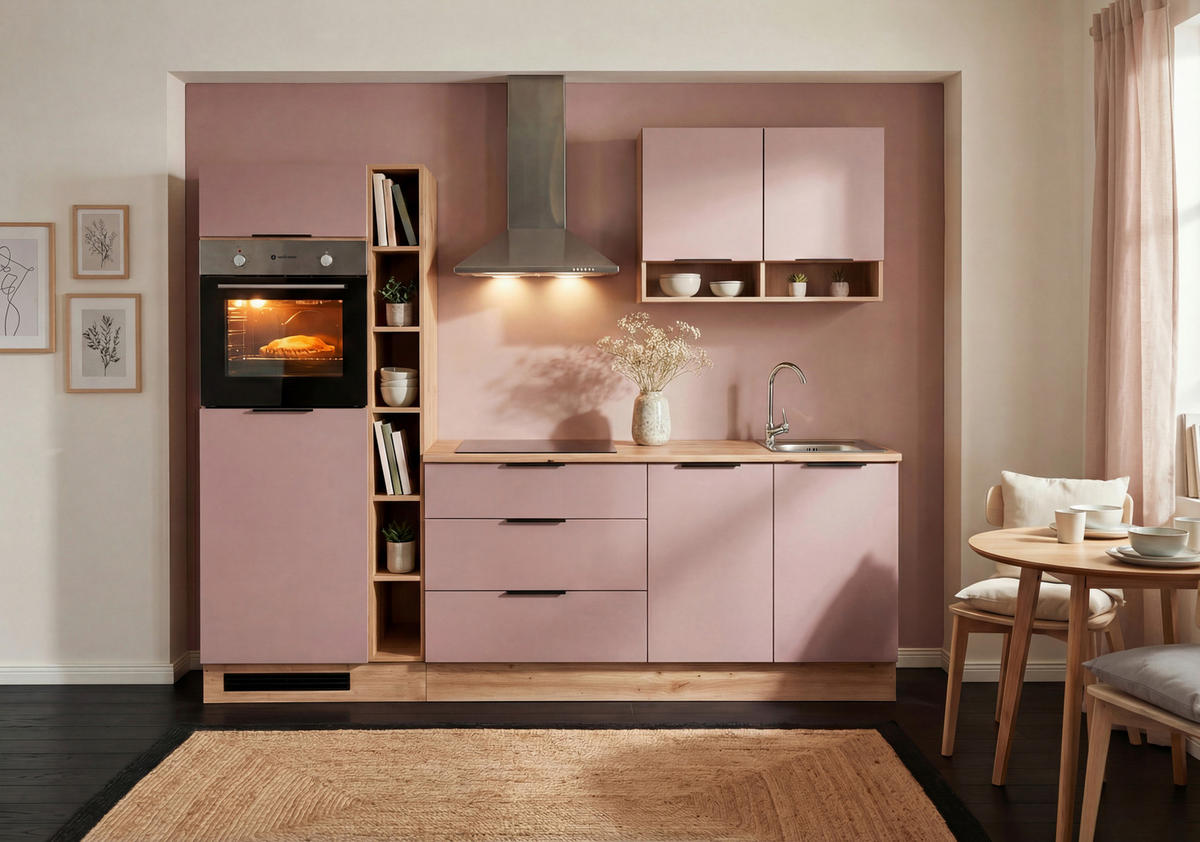 KÜCHENBLOCK Oskar 250 cm  in Rosa, Eiche Artisan  - Schwarz/Eiche Artisan, Design, Holzwerkstoff/Kunststoff (250cm) - P & B