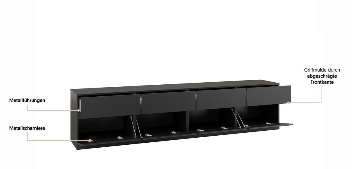 LOWBOARD Bern 224,8/52,3/40 cm 4 Schublade(n) stehend  - Schwarz, Design, Holzwerkstoff (224,8/52,3/40cm) - MID.YOU