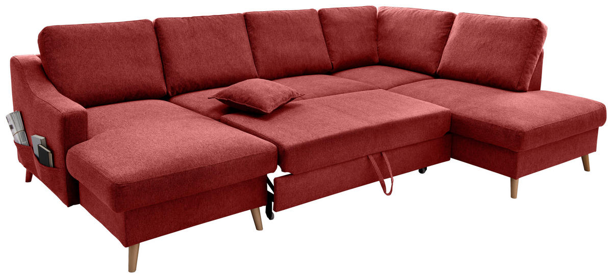 WOHNLANDSCHAFT in Chenille Rot  - Rot/Naturfarben, KONVENTIONELL, Holz/Textil (150/301/200cm) - Livetastic