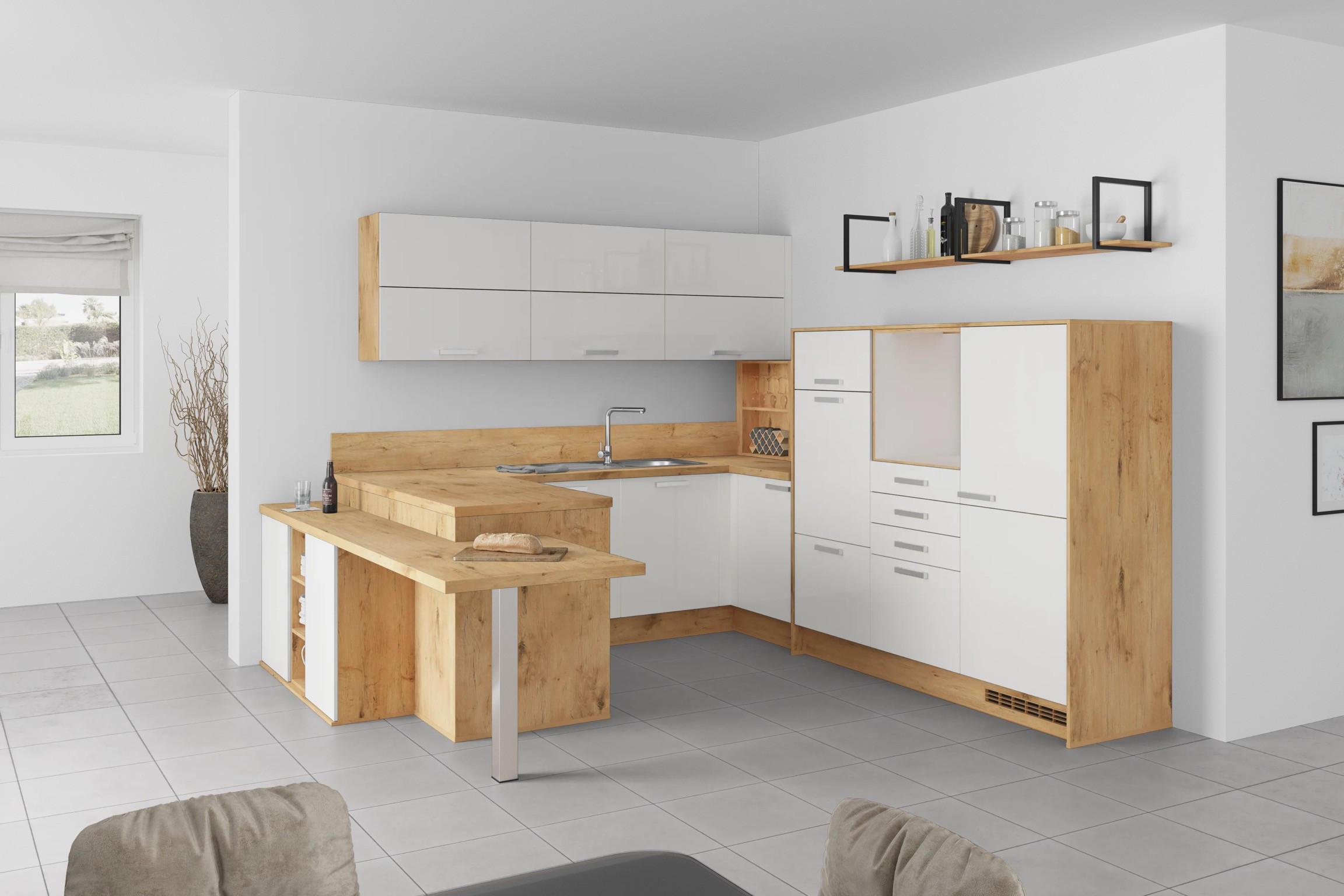 U-Küche Ip4050 Weiß/ Eiche 255x294x298 cm ohne Geräte