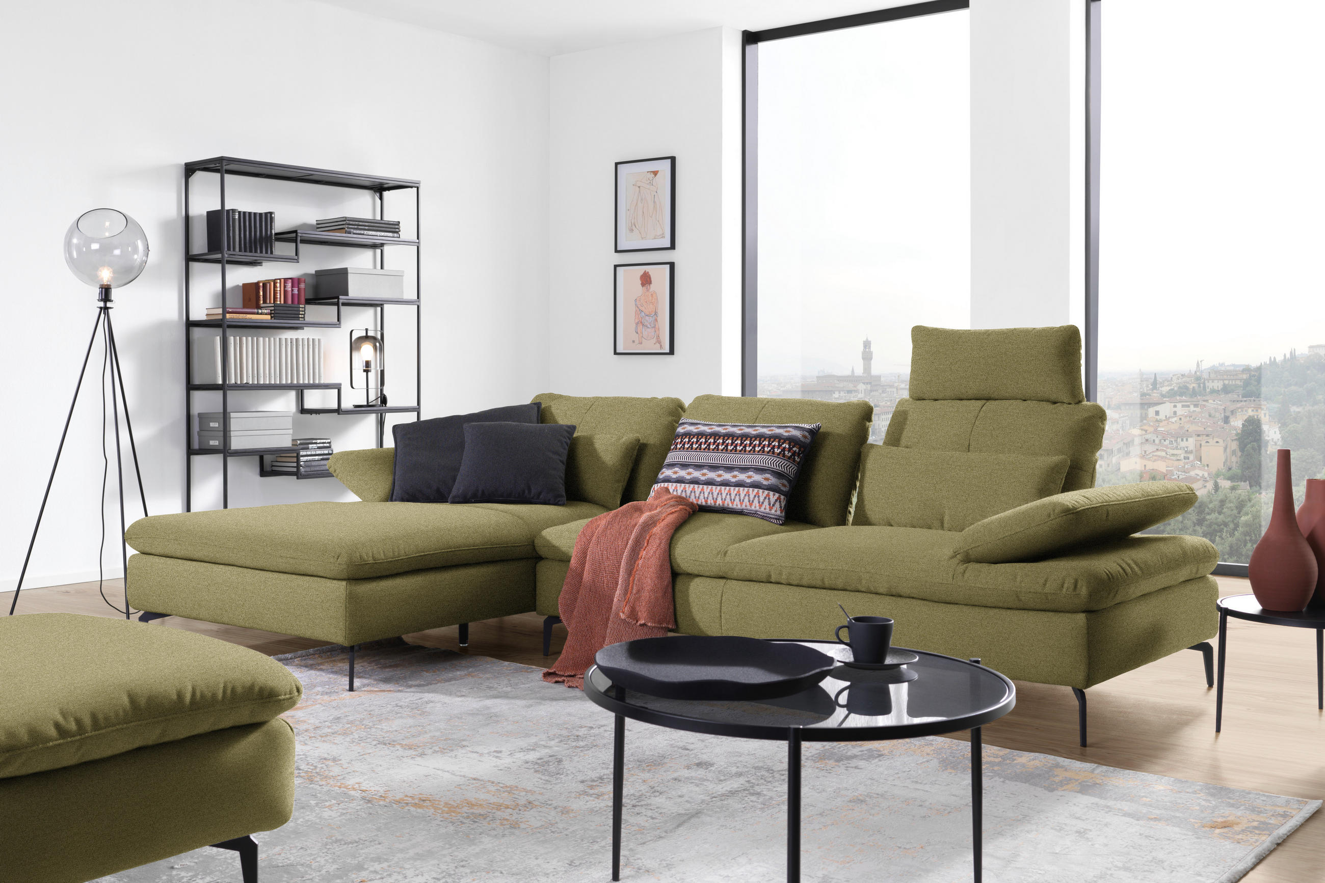ECKSOFA in Webstoff Olivgrün  179/301 cm  - Schwarz/Olivgrün, Design, Textil/Metall (179/301cm) - Chilliano