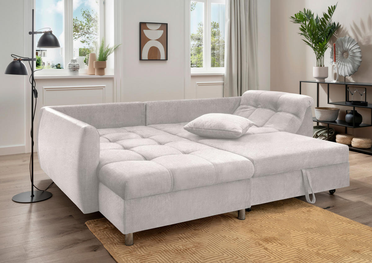 ECKSCHLAFSOFA in Mikrofaser Beige  - Chromfarben/Beige, Modern, Textil/Metall (190/250cm) - Livetastic