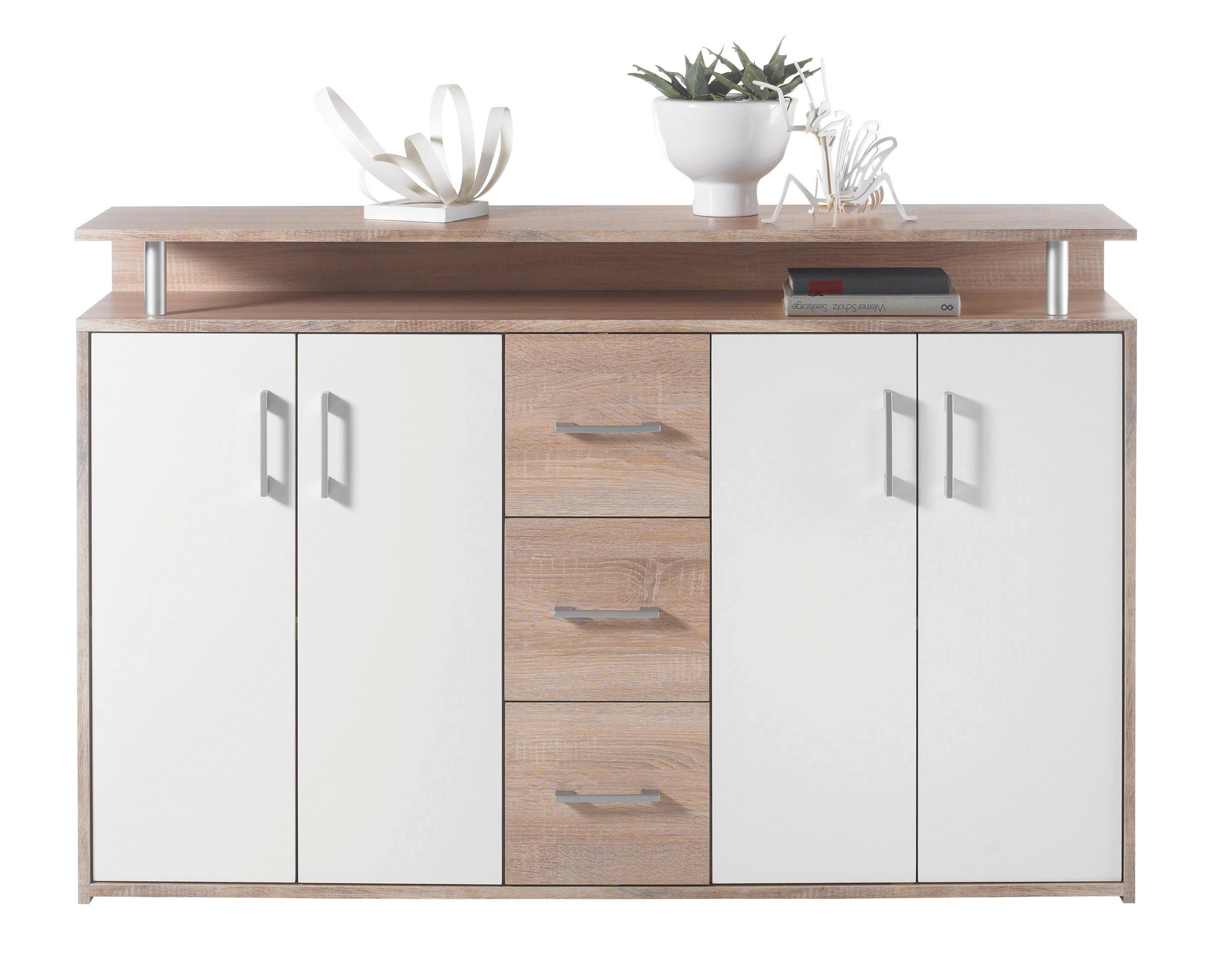 Carryhome ŠIROKÁ KOMODA, bílá, pískové barvy, Sonoma dub, 139/90/34 cm
