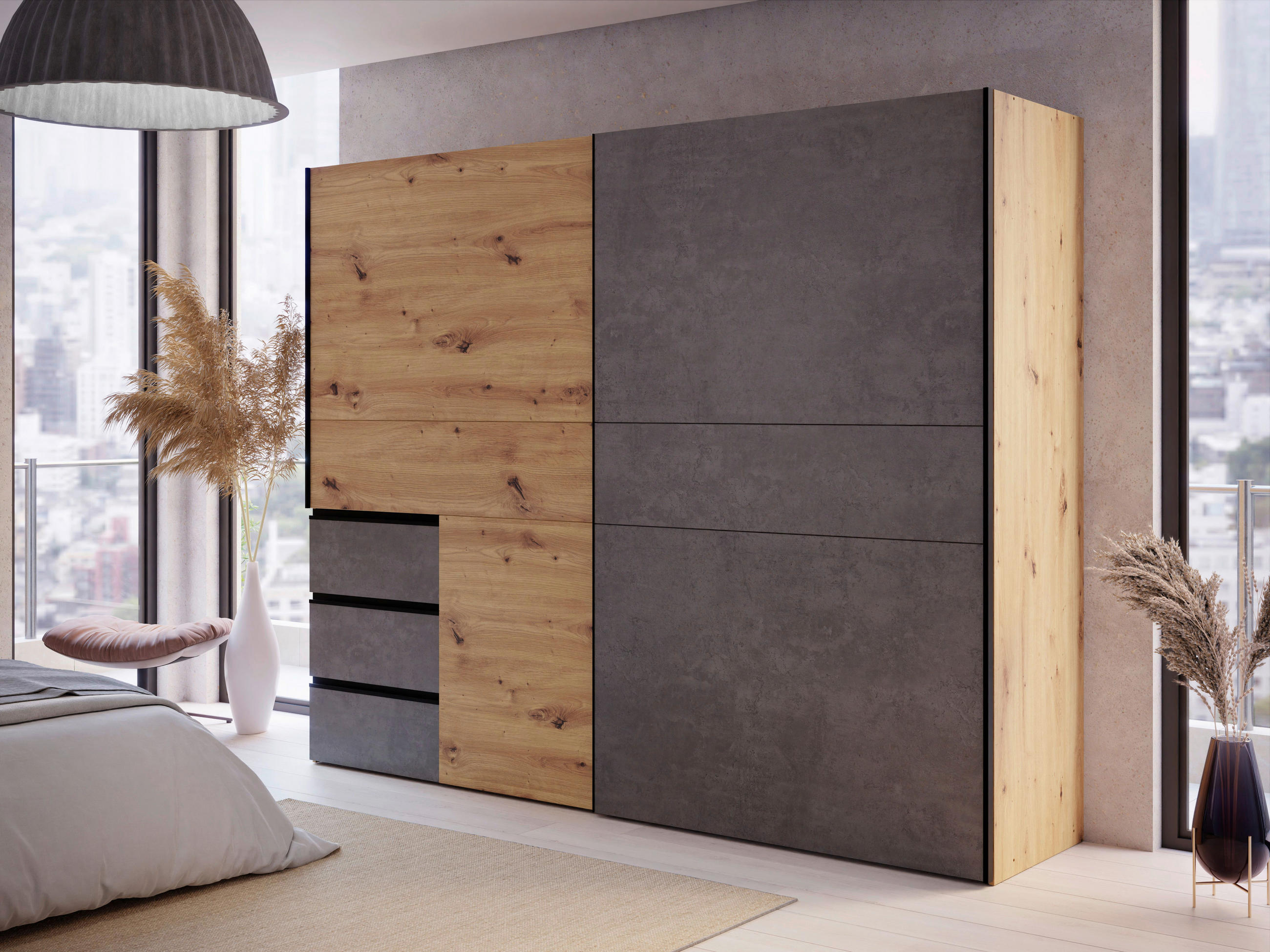 SCHWEBETÜRENSCHRANK  in Dunkelgrau, Eiche Artisan  - Dunkelgrau/Schwarz, KONVENTIONELL, Holzwerkstoff/Metall (250/200/61cm) - Carryhome