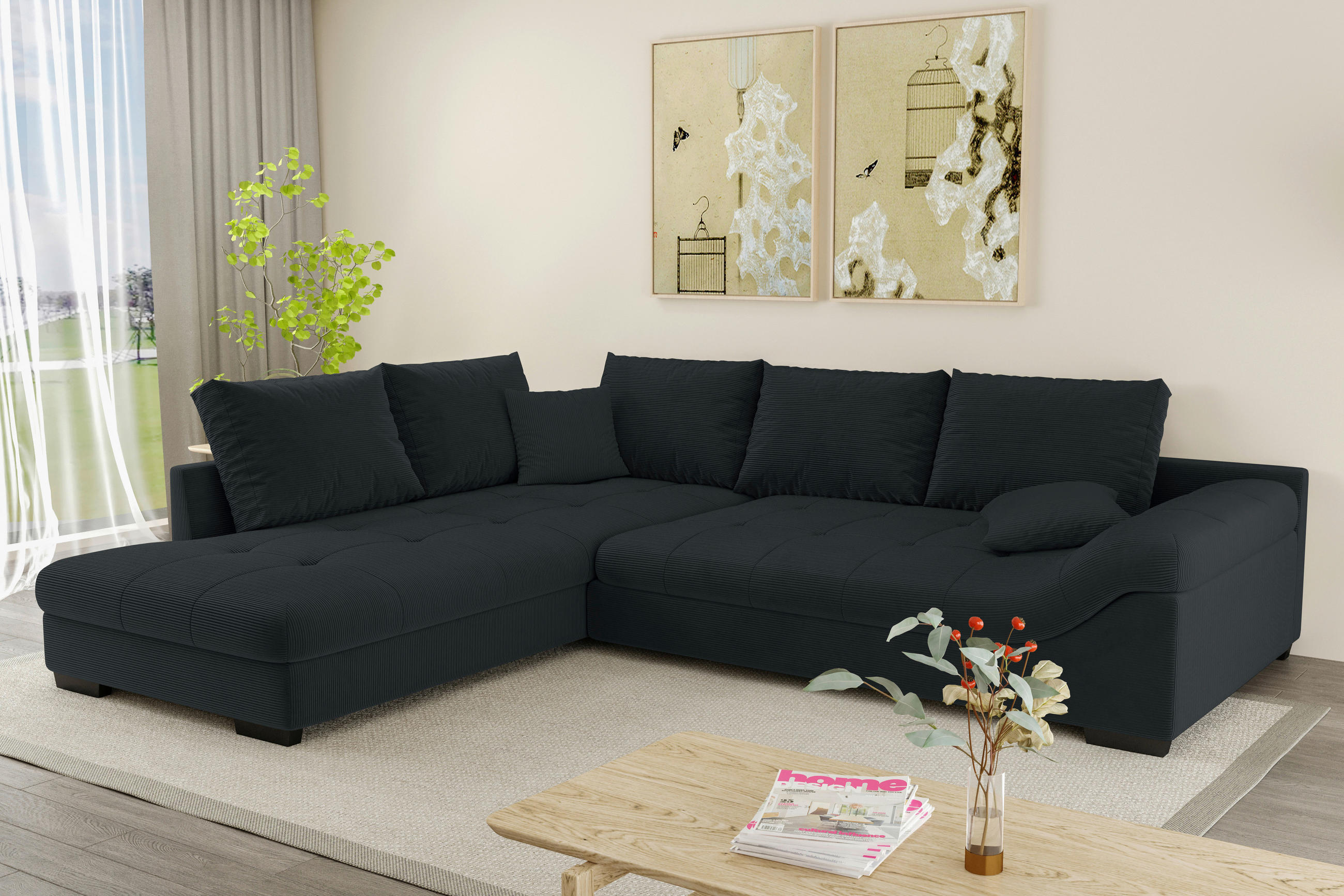 ECKSOFA Anthrazit Cord  - Anthrazit/Schwarz, KONVENTIONELL, Holz/Textil (202/298cm) - Carryhome