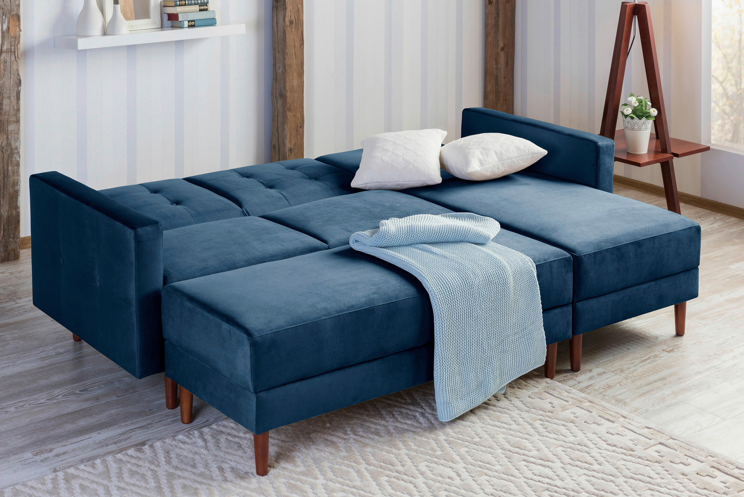 ECKSCHLAFSOFA inkl. Hocker in Dunkelblau Textil   - Eschefarben/Dunkelblau, Design, Holz/Textil (223/152cm) - Max Winzer
