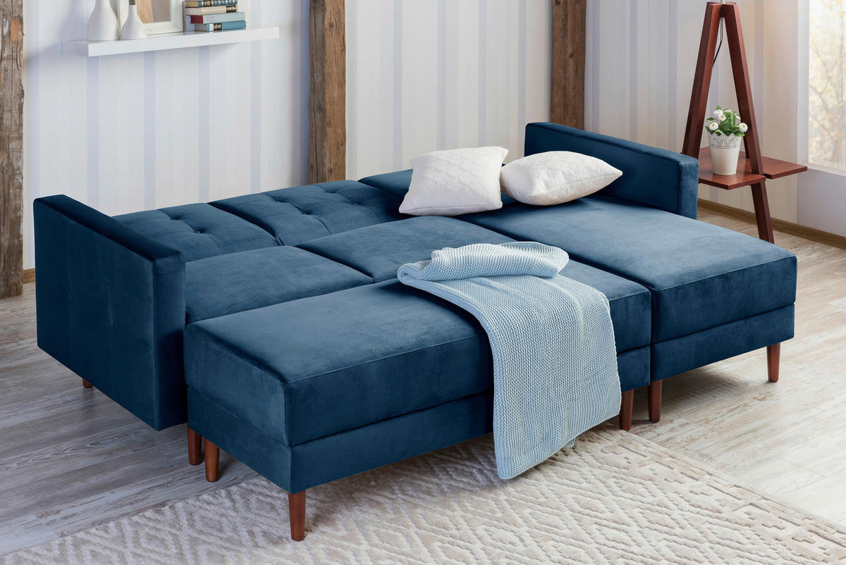 ECKSCHLAFSOFA inkl. Hocker in Dunkelblau Textil   - Eschefarben/Dunkelblau, Design, Holz/Textil (223/152cm) - Max Winzer