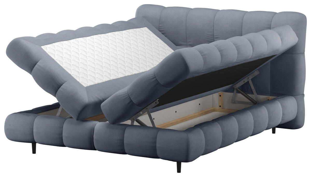 BOXBETT 200/200 cm,  in Blaugrau, gepolstertes Kopfteil, Bettkasten, Topper, H3 + H3 = fest  - Blaugrau/Schwarz, Design, Textil/Metall (200/200cm) - Ti'me