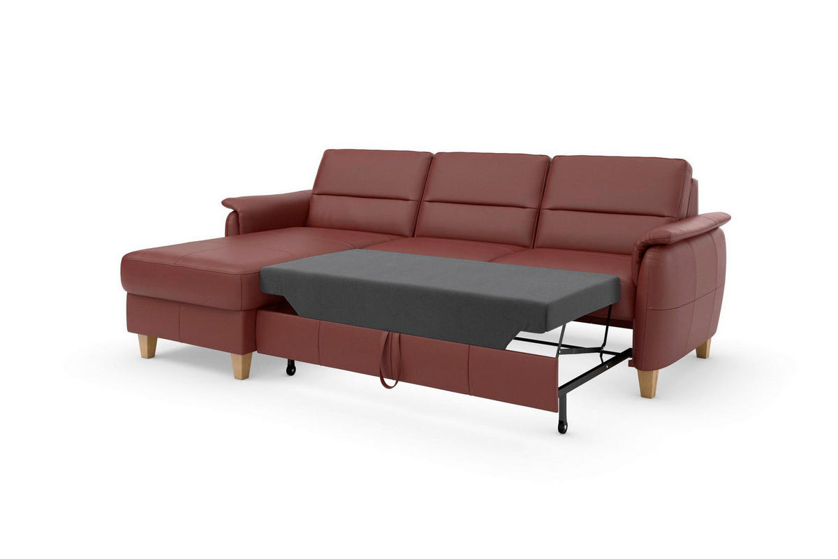 ECKSOFA PALMERA E Rotbraun Kombination Echtleder/Stoff Mikrofaser Bettkasten  - Rotbraun/Eichefarben, Basics, Leder/Holz (163/244cm) - Sit & More