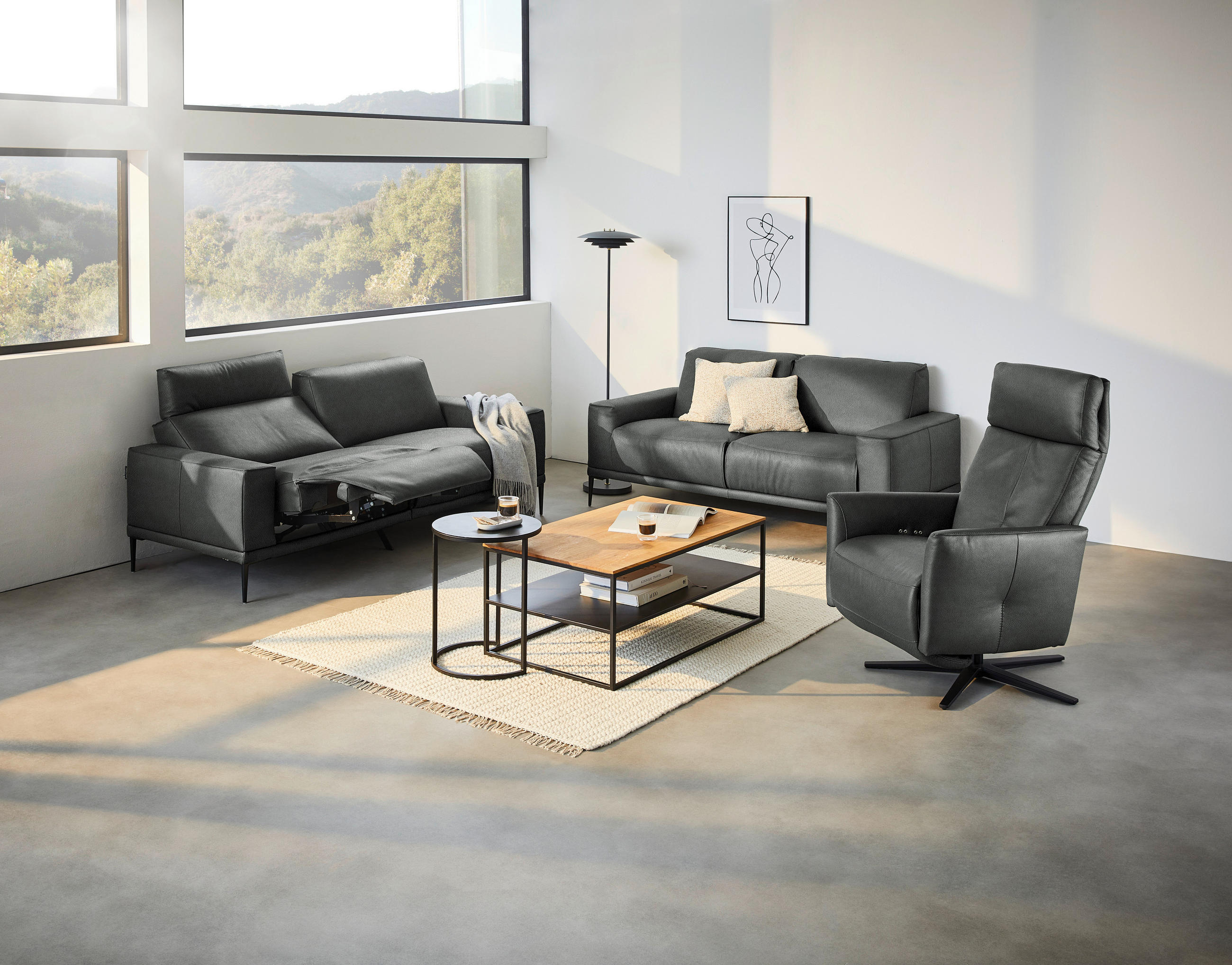 2-SITZER-SOFA in Echtleder Anthrazit  - Anthrazit/Schwarz, Design, Leder/Metall (180/82/92cm) - Johann Jakob