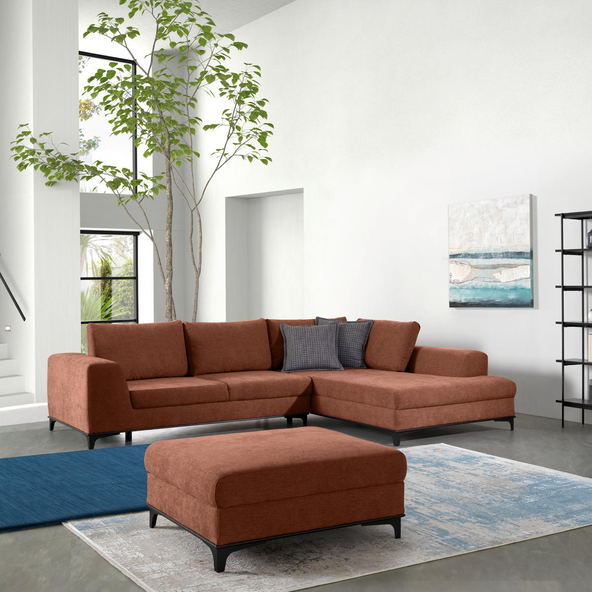 ECKSOFA inkl. Funktionen Terracotta Webstoff Rückenkissen, Bettkasten, Schlaffunktion, Rücken echt  - Wengefarben/Terracotta, Design, Holz/Textil (314/211cm) - Stylife
