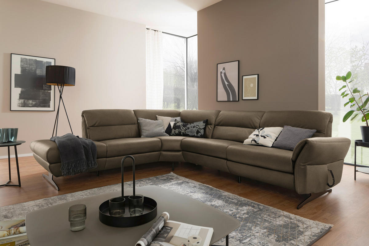 ECKSOFA Hellbraun Echtleder  - Hellbraun/Schwarz, Design, Leder/Metall (258/286cm) - Schöner Wohnen