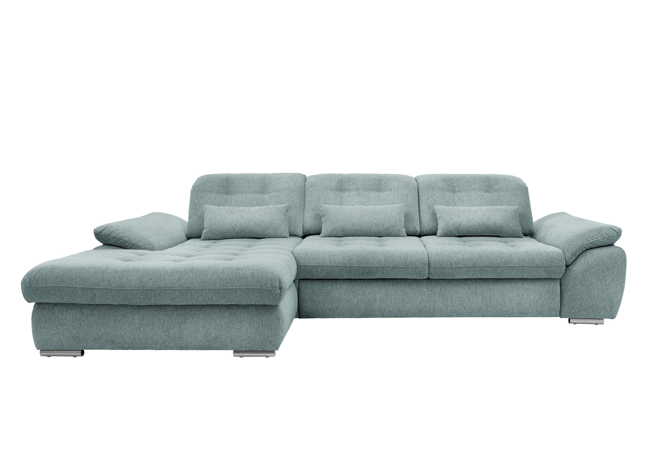 ECKSOFA Blau Chenille Nierenkissen, Bettkasten, Schlaffunktion, Rücken echt, Kopfteilverstellung, Sitztiefenverstellung, Liegefläche im Originalstoff  - Chromfarben/Blau, MODERN, Textil/Metall (184/314cm) - Livetastic