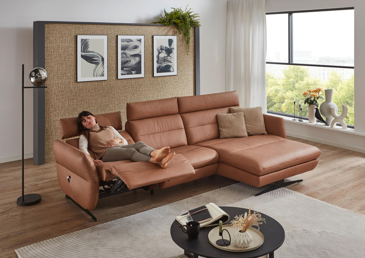 ECKSOFA in Echtleder Haselnussfarben  300/157 cm  - Schwarz/Haselnussfarben, Design, Leder/Metall (300/157cm) - Dieter Knoll