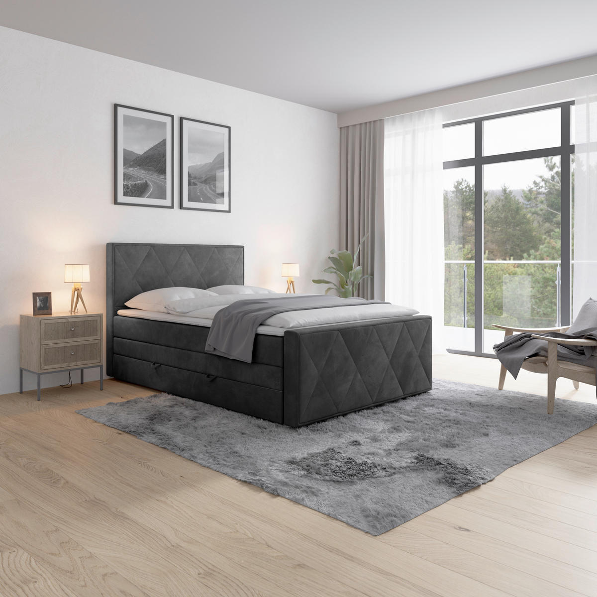 BOXSPRINGBETT 140/200 cm,  in Schwarz, Topper, Matratzen, H2 + H2 = mittel  - Schwarz, MODERN, Holz/Kunststoff (140/200cm) - MID.YOU