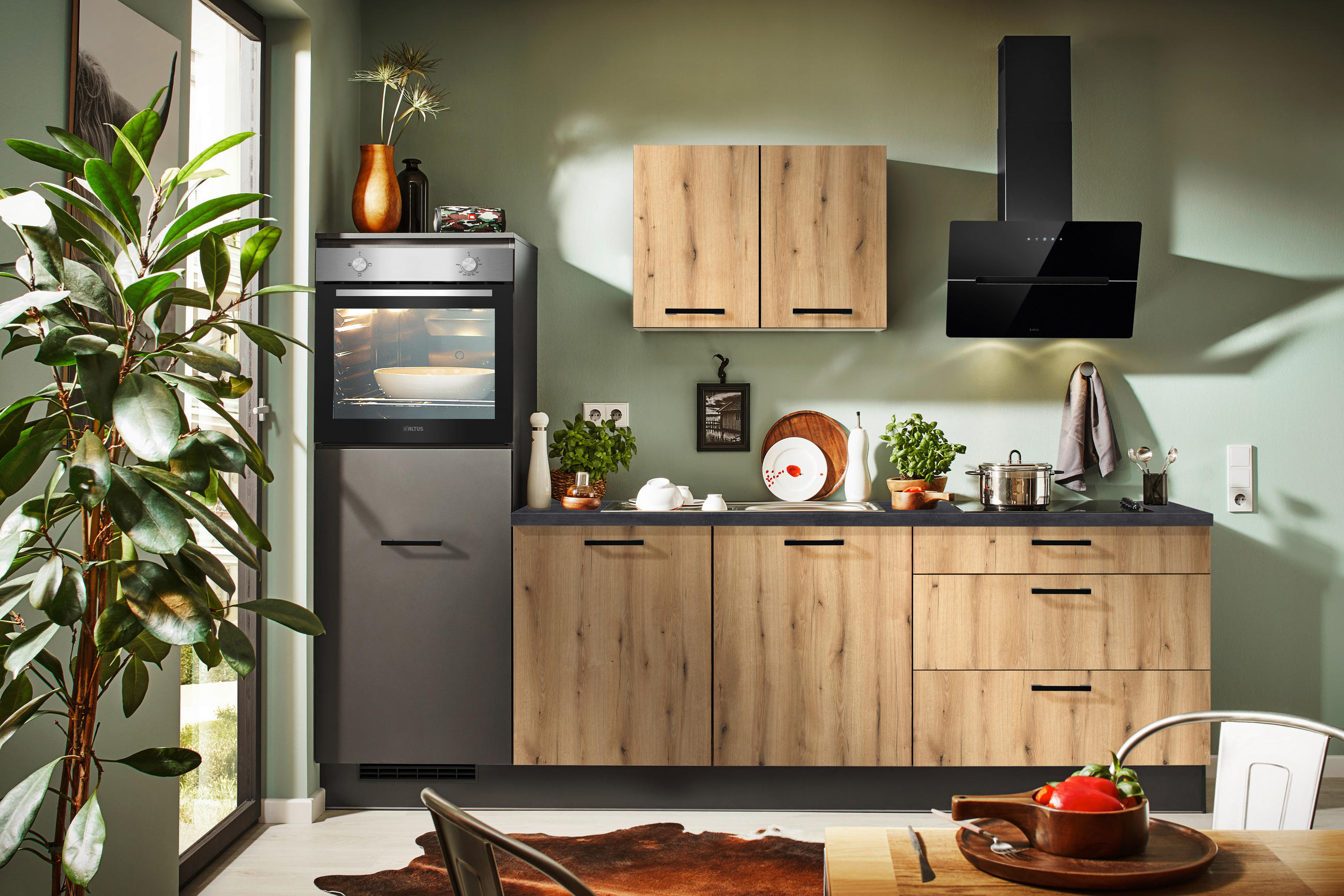KÜCHENBLOCK XO 10 270 cm  in Graphitfarben, Eichefarben  - Eichefarben/Schwarz, KONVENTIONELL, Holzwerkstoff/Metall (270cm) - Xora