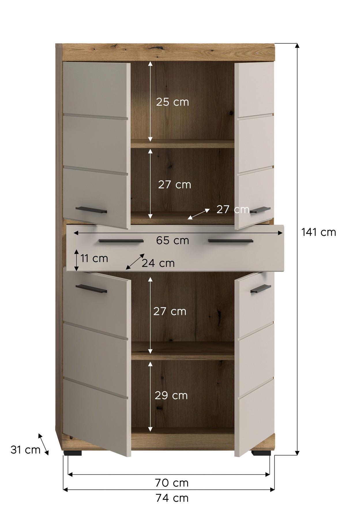 MIDISCHRANK 74/141/31 cm  - Kaschmir/Schwarz, MODERN, Holzwerkstoff/Kunststoff (74/141/31cm) - MID.YOU