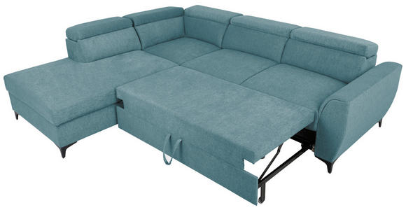 ECKSOFA Petrol Velours Bettkasten, Schlaffunktion, Rücken echt, Kopfteilverstellung, Liegefläche im Originalstoff  - Petrol/Schwarz, KONVENTIONELL, Textil/Metall (217/255cm) - Carryhome