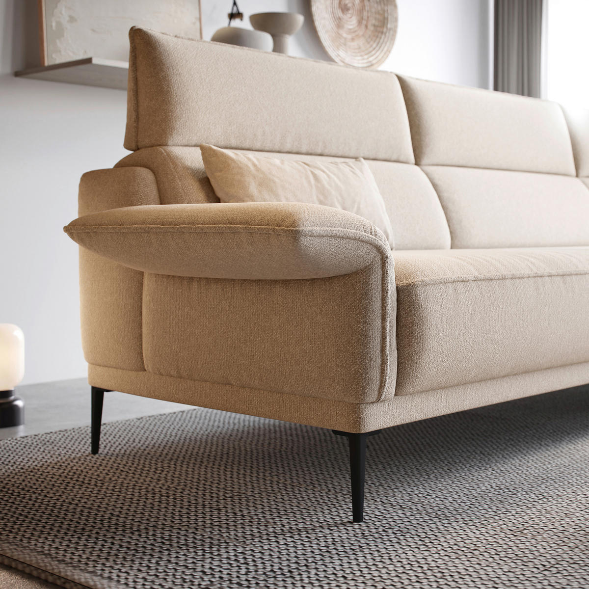 ECKSOFA in Bouclé Creme  - Creme/Schwarz, Modern, Textil/Metall (186/330cm) - Johann Jakob
