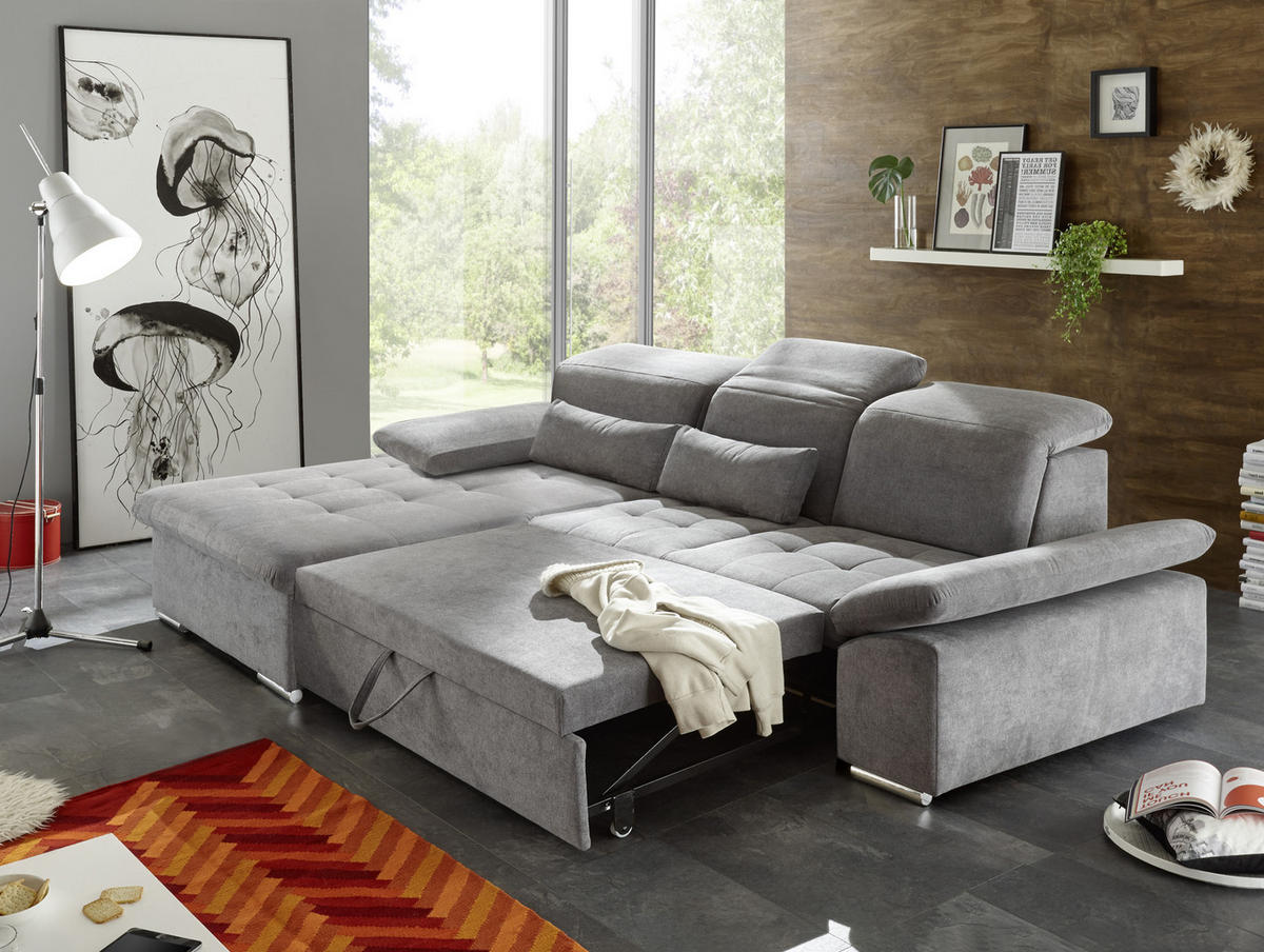 ECKSOFA in Mikrovelours Grau  - Silberfarben/Grau, Konventionell, Holzwerkstoff/Kunststoff (188/276cm) - MID.YOU