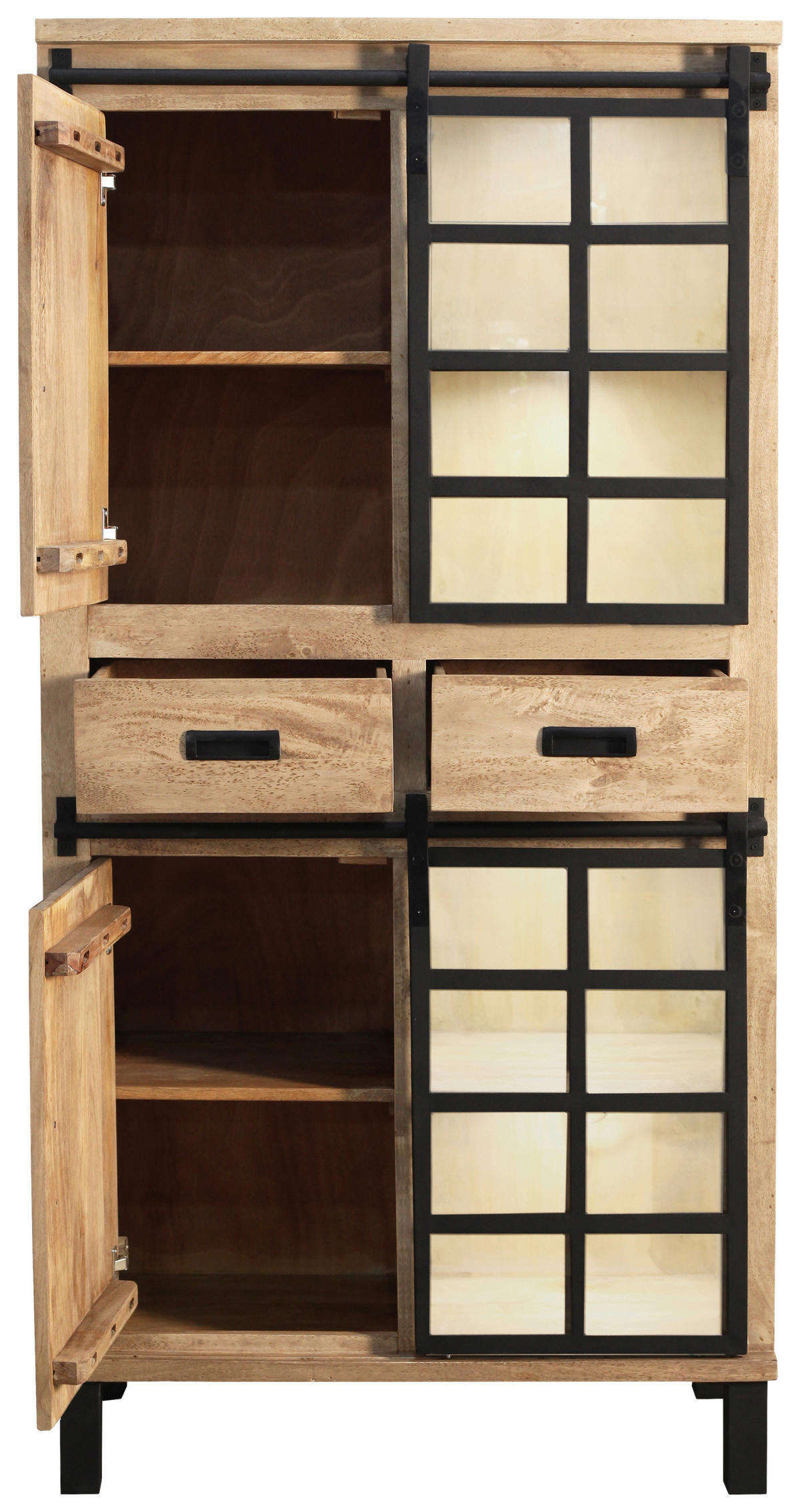 VITRINE  in Hartholz Mangoholz Schwarz, Graubraun  - Graubraun/Schwarz, LIFESTYLE, Glas/Holz (90/180/42cm) - Landscape