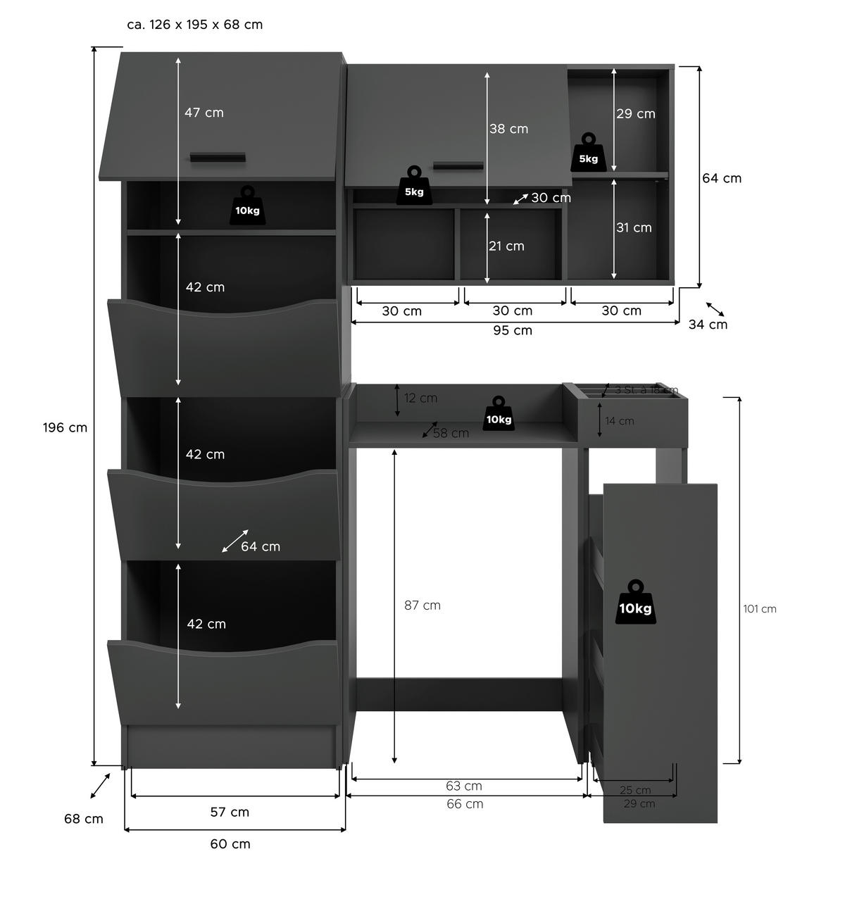 HAUSWIRTSCHAFTSRAUM 126/195/68 cm  in Anthrazit  - Anthrazit, Basics, Holzwerkstoff (126/195/68cm) - MID.YOU