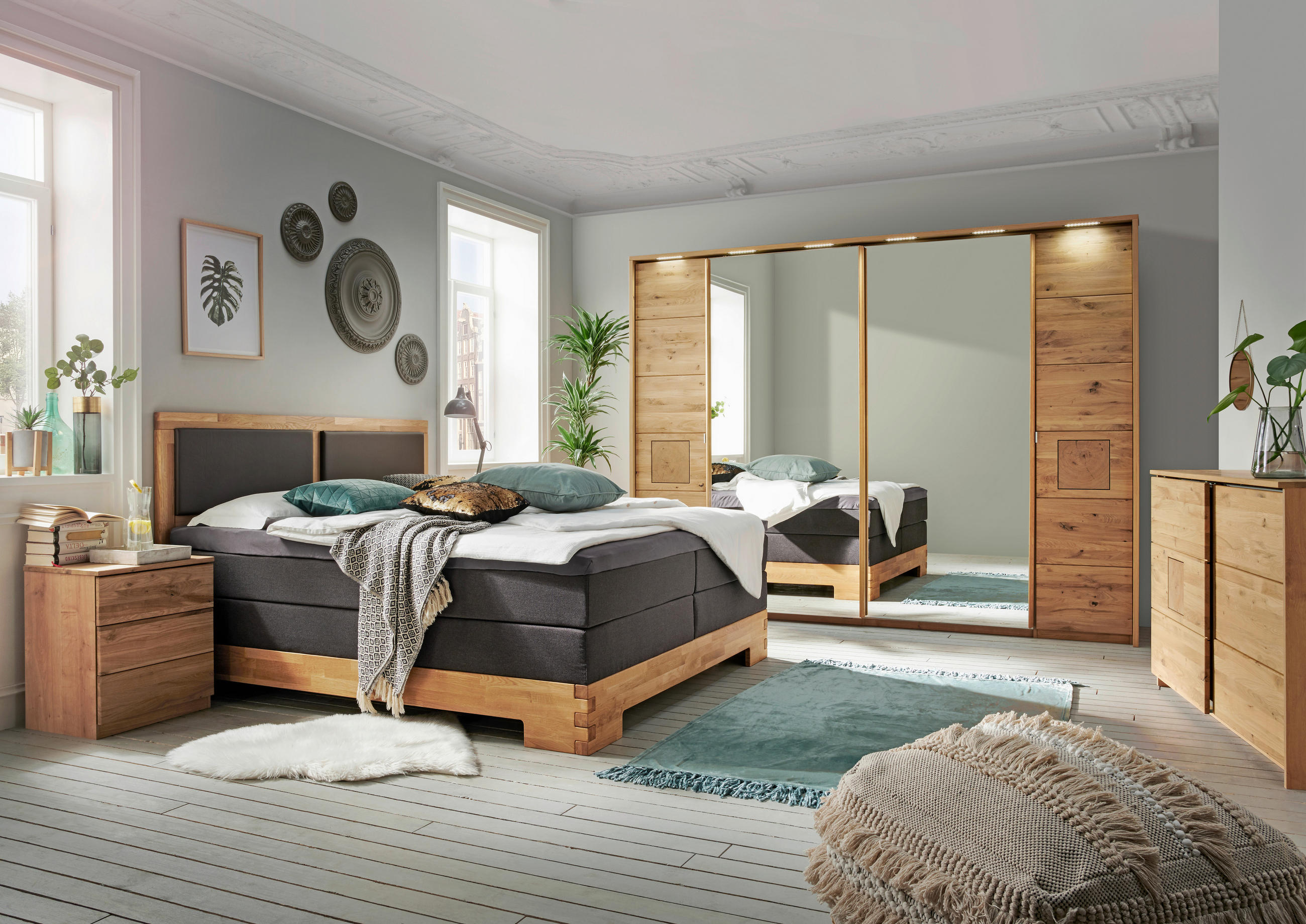 SCHWEBETÜRENSCHRANK 246/215/74 cm 4-türig Eichefarben  - Eichefarben, Natur, Glas/Holz (246/215/74cm) - Linea Natura