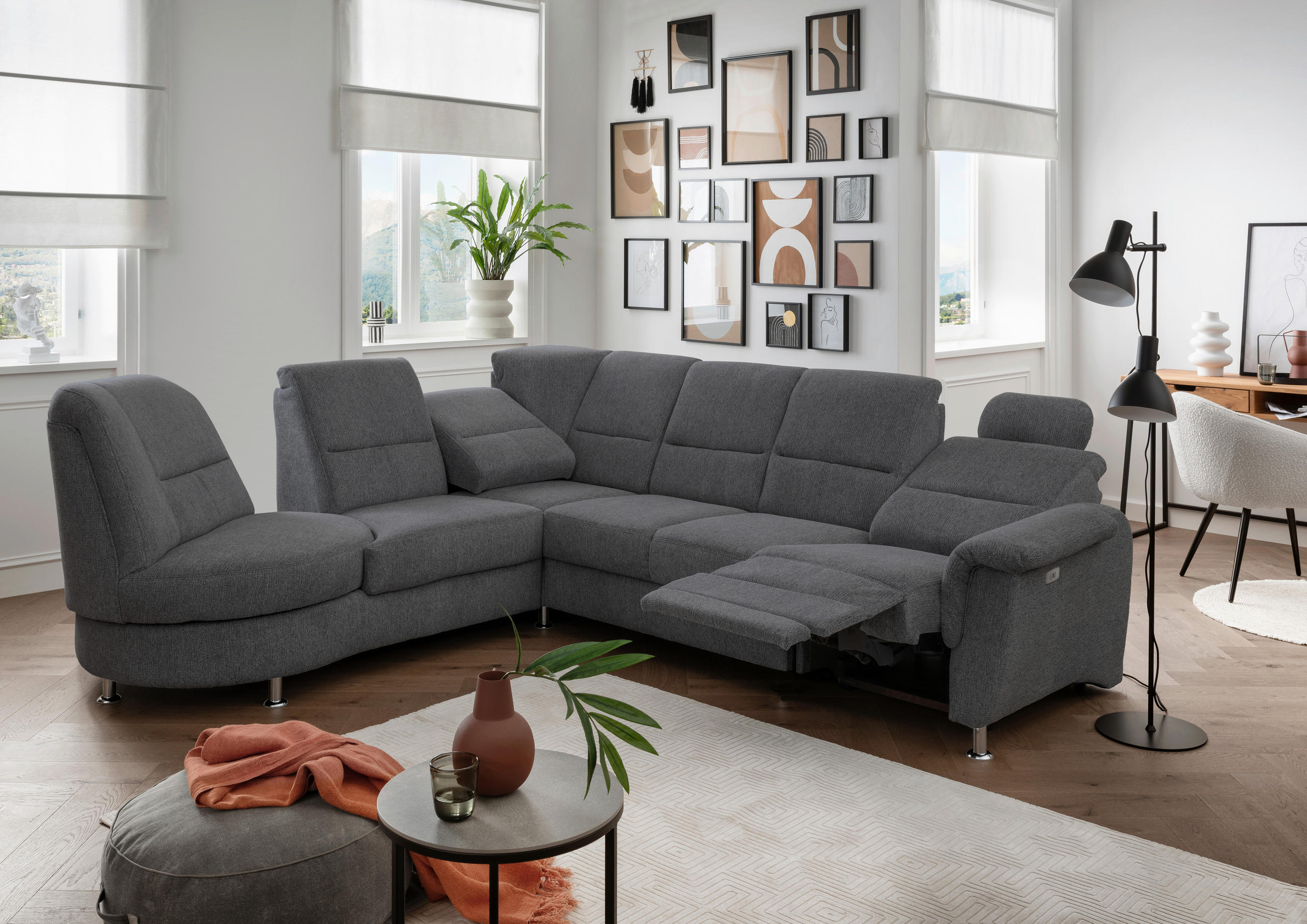 ECKSOFA in Chenille Anthrazit  - Chromfarben/Anthrazit, Modern, Textil/Metall (236/275cm) - Livetastic