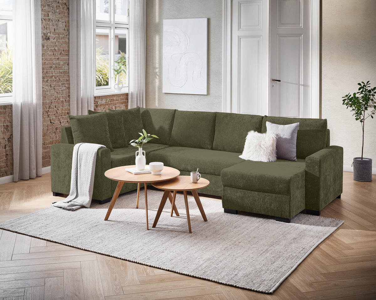 WOHNLANDSCHAFT Olivgrün Chenille  - Schwarz/Olivgrün, KONVENTIONELL, Kunststoff/Textil (183/311/140cm) - Ti'me