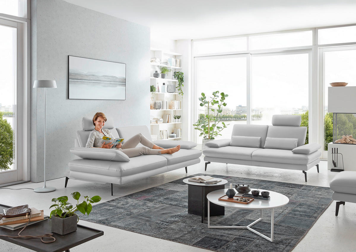 3-SITZER-SOFA in Echtleder Weiss  - Weiss/Schwarz, Design, Leder/Metall (222/86/104cm) - Dieter Knoll