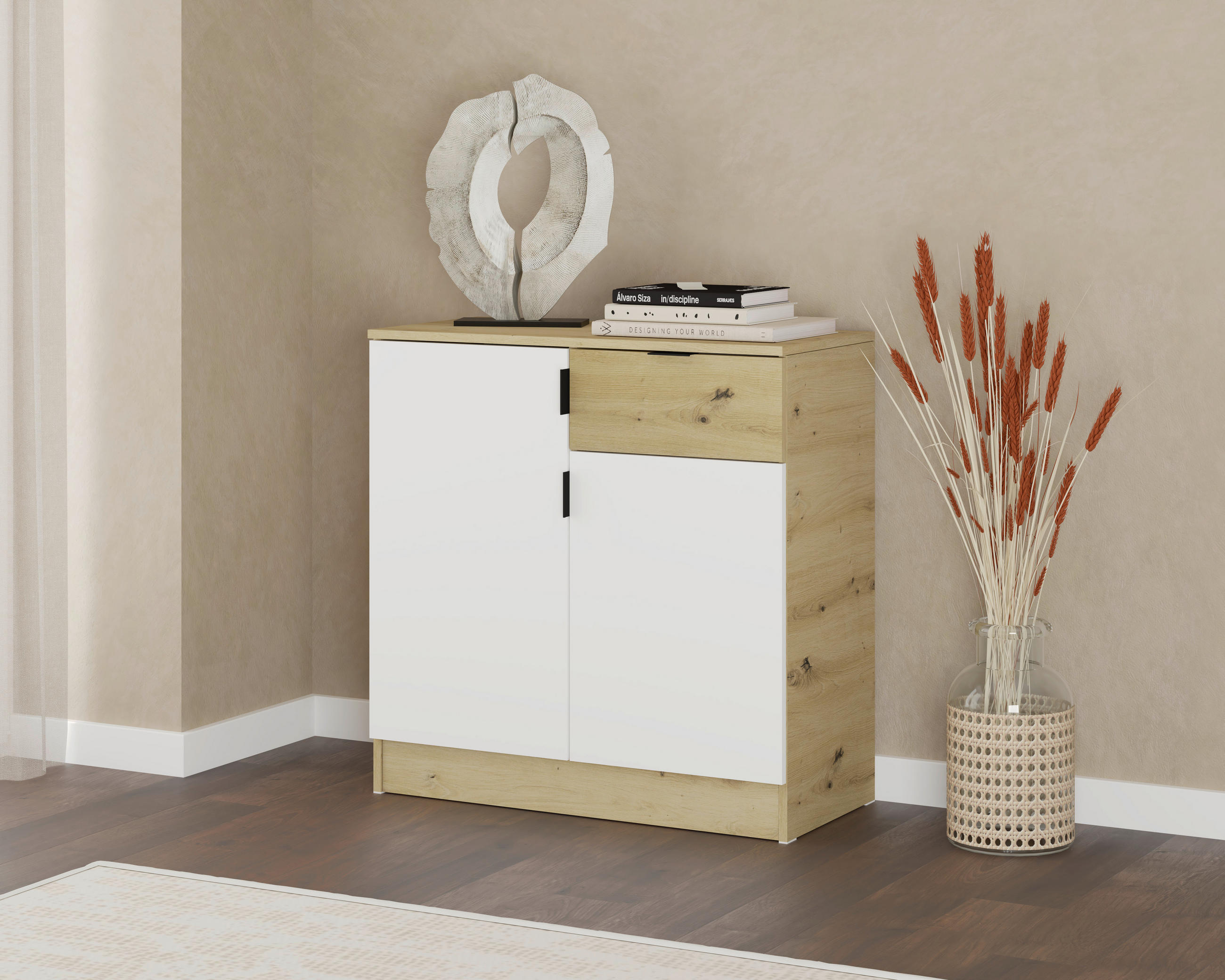 KOMODA   83.4/40/85 cm   bijela, hrast Artisan  - bijela/hrast Artisan, Design, drvni materijal/metal (83.4/40/85cm)