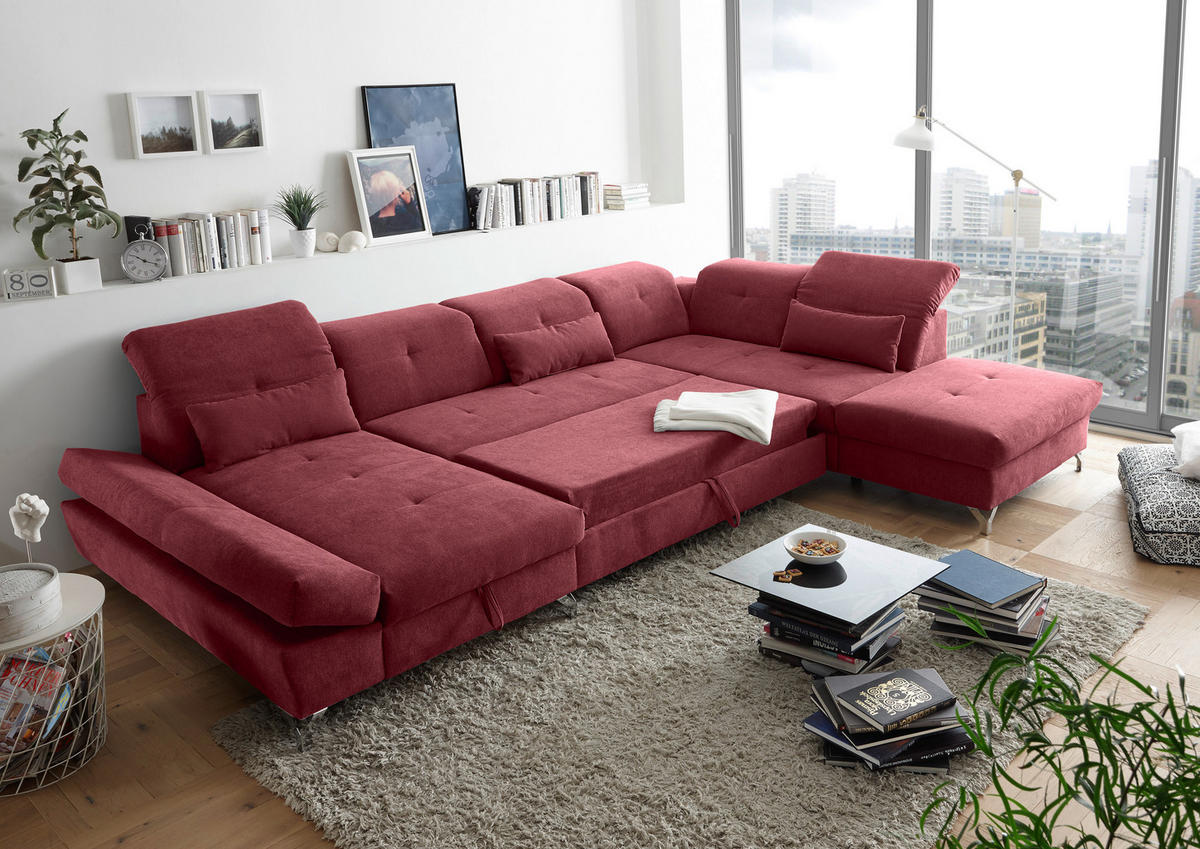 WOHNLANDSCHAFT in Mikrovelours Beere  - Beere/Silberfarben, Modern, Textil/Metall (168/350/245cm) - MID.YOU