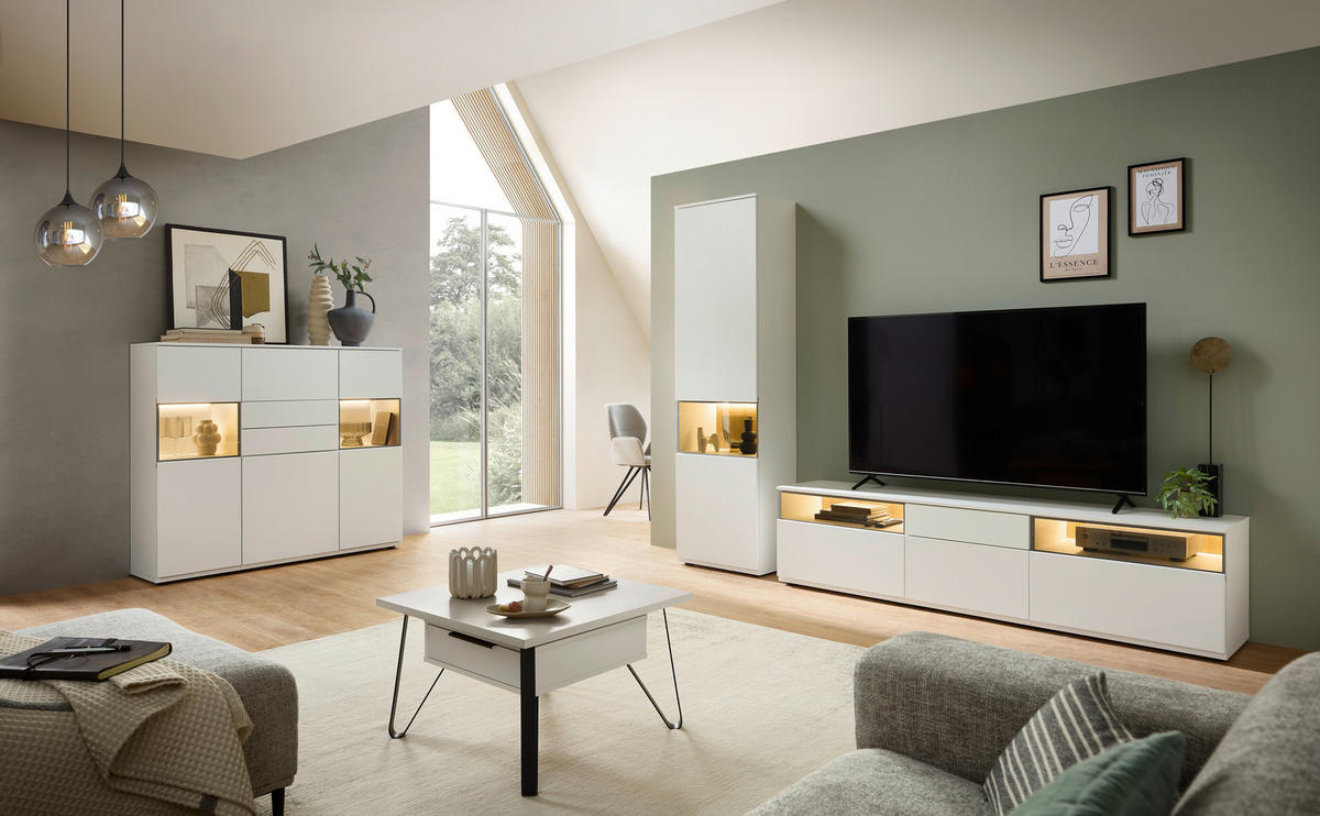 WOHNWAND  in Weiß  285/215/45 cm  - Schwarz/Weiß, KONVENTIONELL, Glas/Holzwerkstoff (285/215/45cm) - Venda