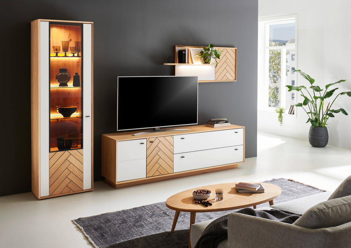 WOHNWAND  in Weiss, Eiche Bianco 297,8/206,9/51,4 cm  - Eiche Bianco/Weiss, Design, Glas/Holz (297,8/206,9/51,4cm) - Novel