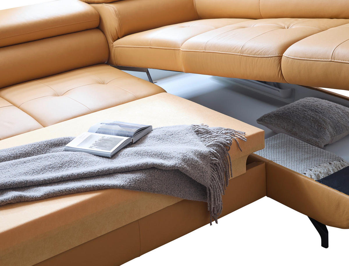 ECKSOFA in Echtleder Senfgelb  - Senfgelb/Schwarz, Design, Leder/Metall (270/220cm) - Novel