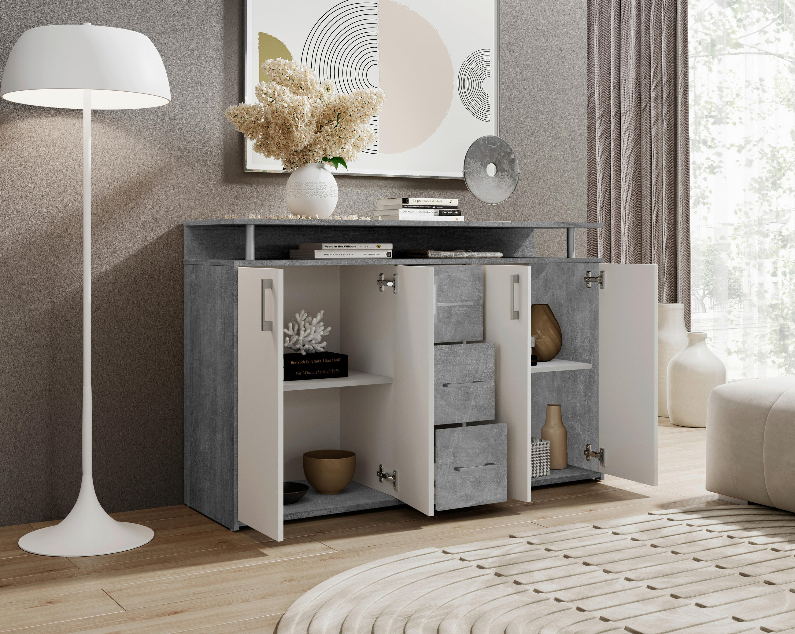 KOMODA S VRATIMA - siva/bela, Dizajnerski, pločasti materijal/plastika (139/90/34cm) - Carryhome