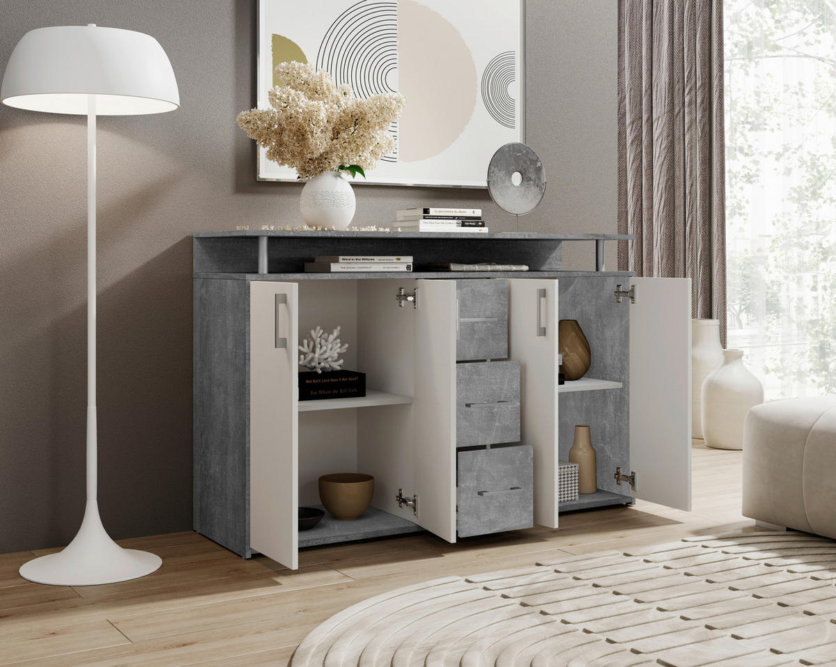 KOMODA   139/90/34 cm   siva, bijela  - bijela/srebrne boje, Design, drvni materijal/plastika (139/90/34cm) - Carryhome