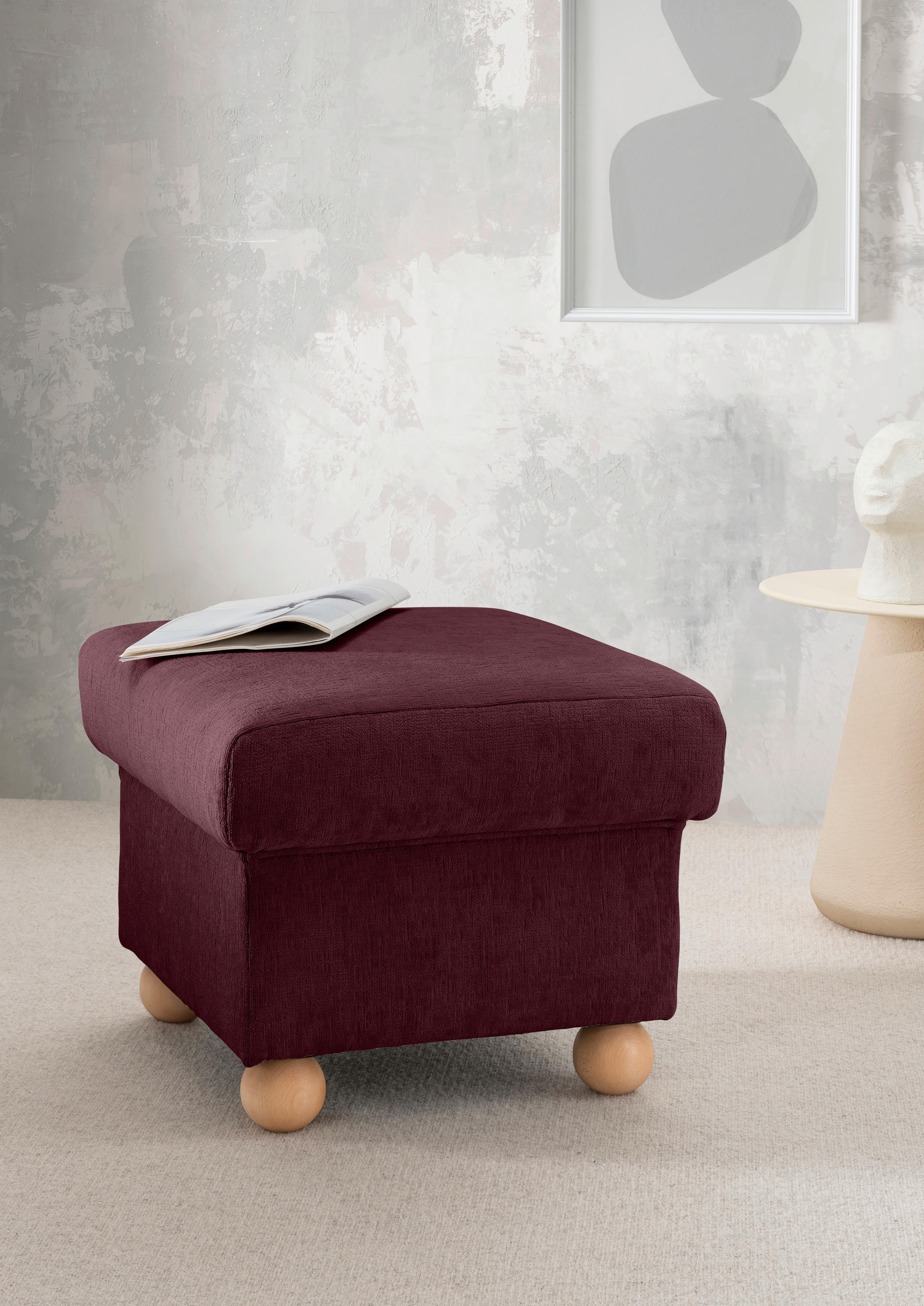 HOCKER Mikrofaser Bordeaux  - Wildeiche/Bordeaux, KONVENTIONELL, Holz/Textil (56/46/56cm) - Livetastic
