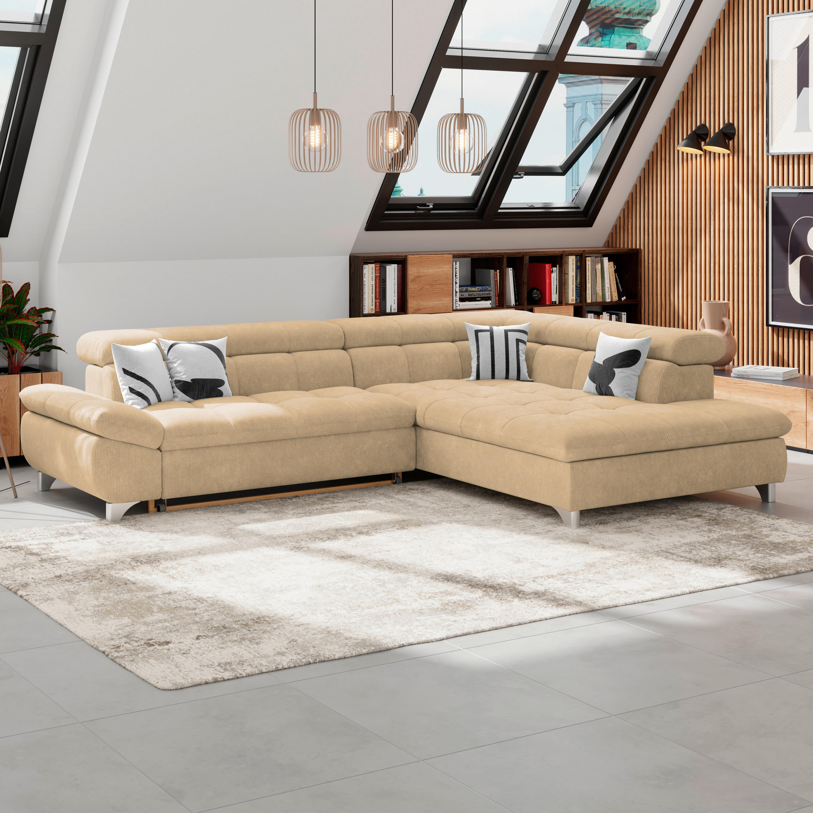 ECKSOFA Sandfarben Chenille  - Sandfarben/Chromfarben, KONVENTIONELL, Textil/Metall (234/312cm) - Livetastic