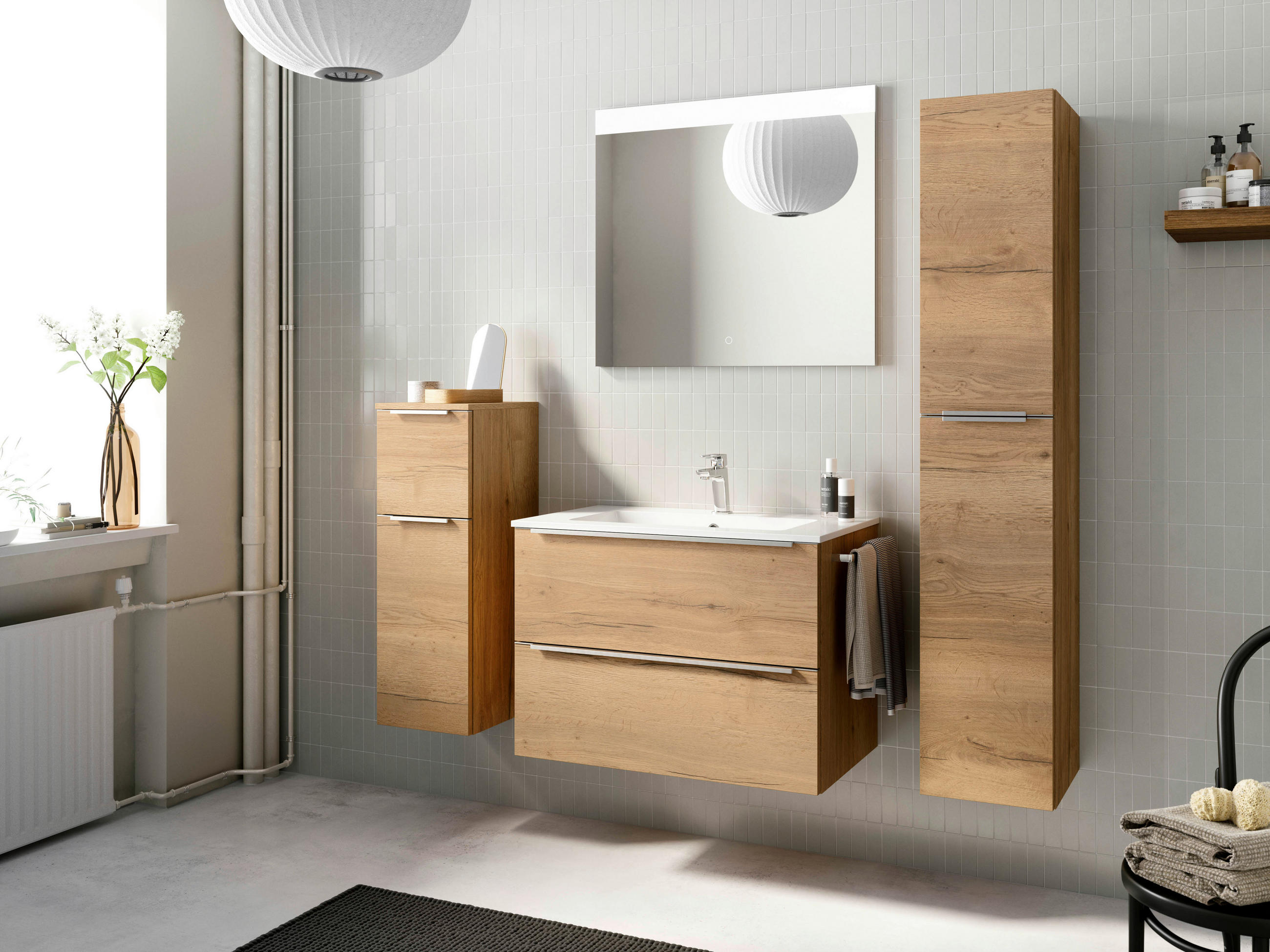 BADEZIMMER 5-teilig  in 141 cm  - Edelstahlfarben/Eichefarben, MODERN, Holzwerkstoff/Stein (141cm) - Nobilia