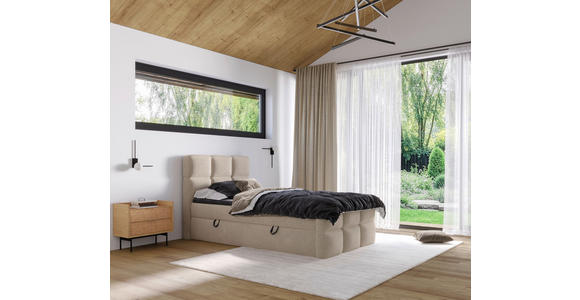 BOXBETT 120/200 cm,  in Taupe, gepolstertes Kopfteil, Bettkasten, Topper, H3 = fest  - Taupe/Schwarz, Design, Holzwerkstoff/Kunststoff (120/200cm) - Xora