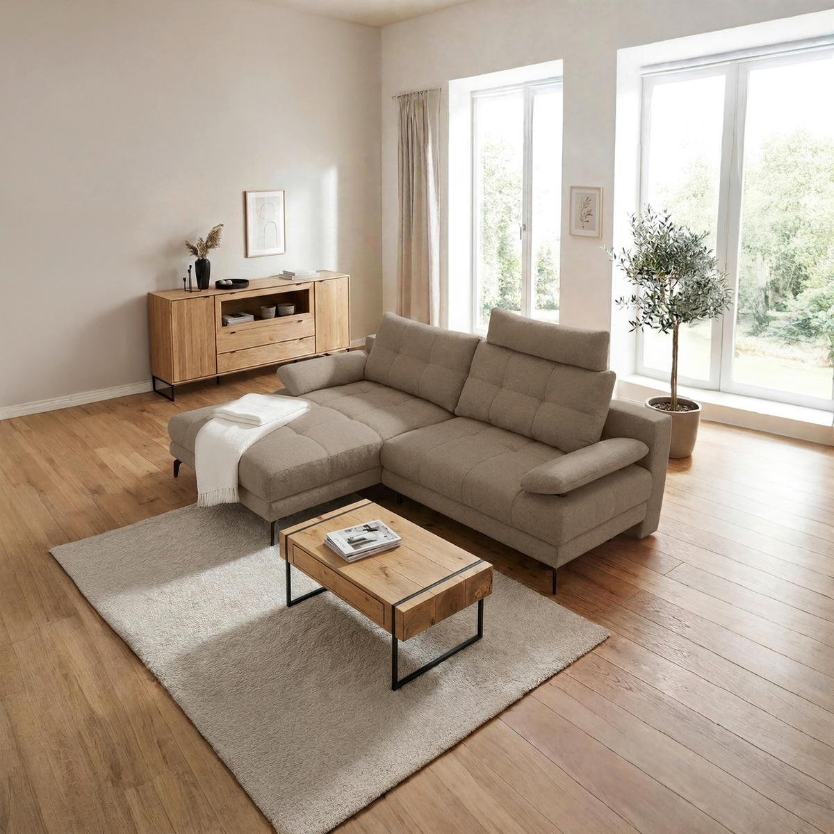 ECKSOFA Beigebraun Struktur Rückenkissen, Bettkasten, Schlaffunktion, Rücken echt, Armteilverstellung, Liegefläche im Originalstoff  - Beige/Beigebraun, MODERN, Textil/Metall (181/263cm) - Carryhome