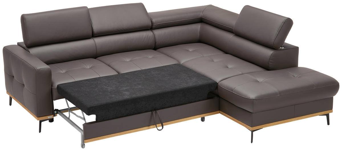 ECKSOFA Dunkelbraun Echtleder  - Dunkelbraun/Schwarz, Design, Leder/Holz (252/220cm) - Novel