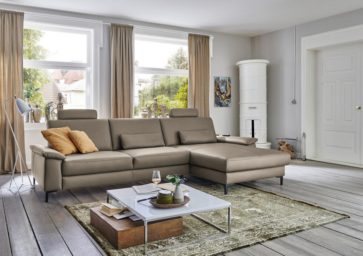 ECKSOFA in Echtleder Graubraun  - Graubraun/Schwarz, Design, Leder/Metall (334/176cm) - Dieter Knoll