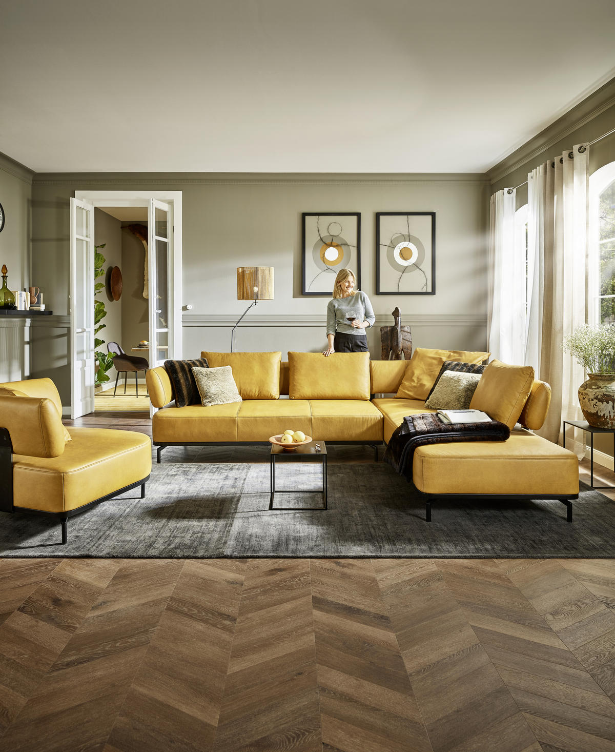 ECKSOFA in Echtleder Dunkelgelb  - Dunkelgelb/Schwarz, Design, Leder/Metall (302/237cm) - Dieter Knoll